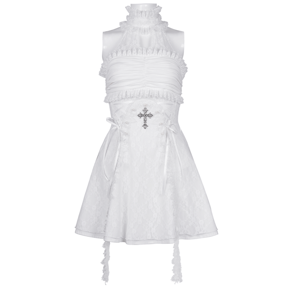 Elegant Female White Halter Dress with Ruffle Details