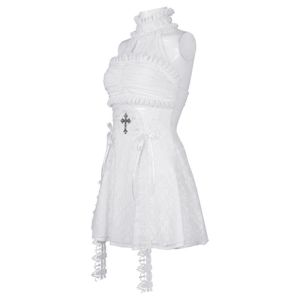 Elegant women's white halter dress with ruffle details and decorative ornament, perfect for summer events.