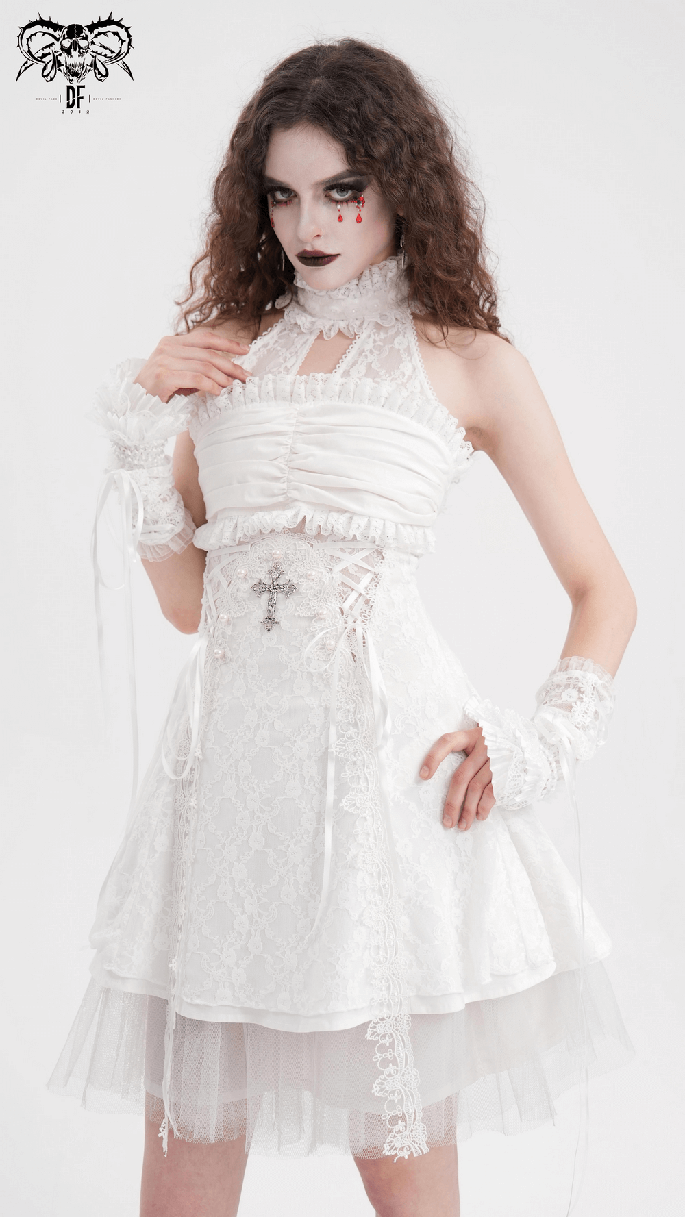 Elegant Female White Halter Dress with Ruffle Details