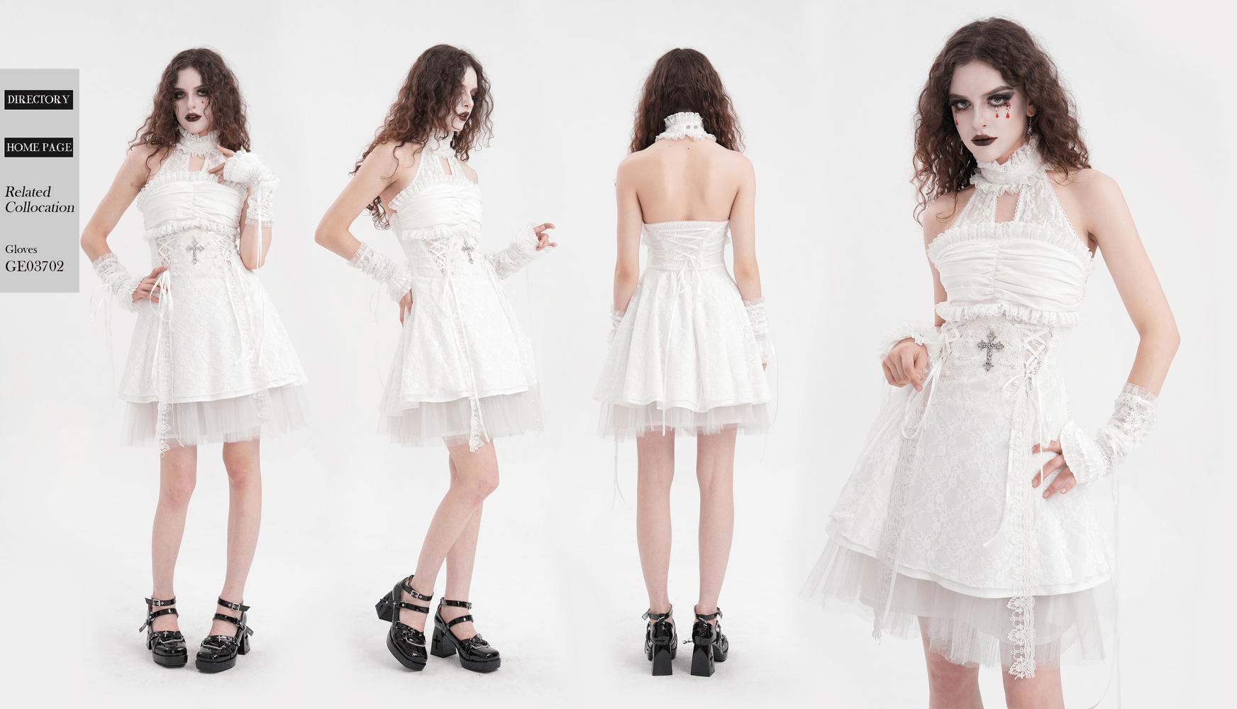 Elegant female in a white halter dress with ruffles and cross detail, perfect for standout summer events.