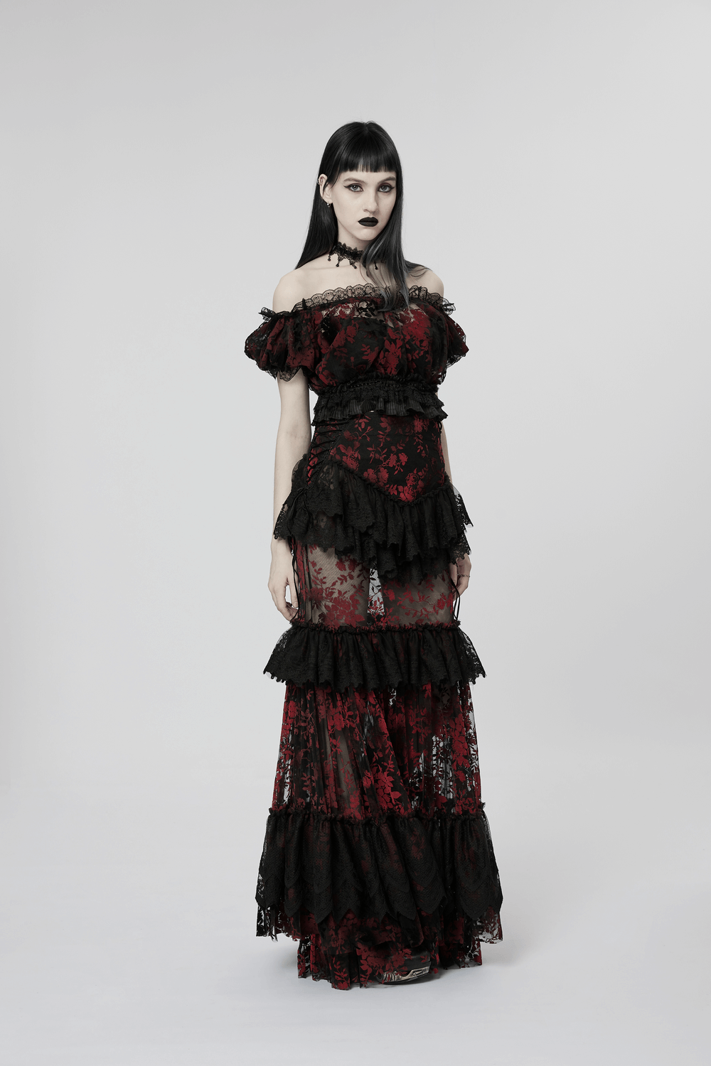 Gothic floral mesh dress featuring off-the-shoulder design, ruffled lace trim, and rich red floral pattern.
