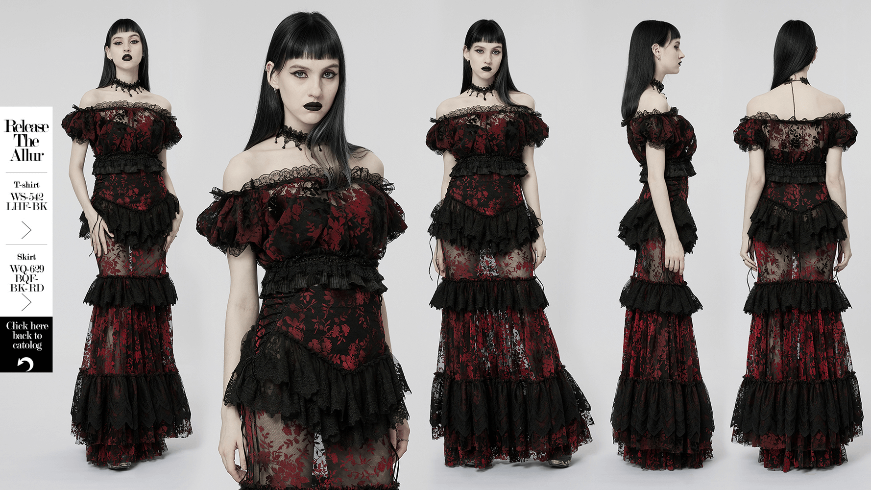 Elegant black and red floral gothic gown with off-the-shoulder design and lace trim, showcasing its romantic flair.