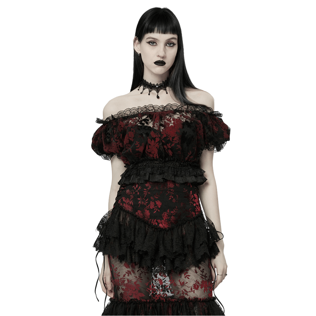 Elegant floral gothic mesh crop top with lace trim and ruffled sleeves, perfect for a romantic gothic look.