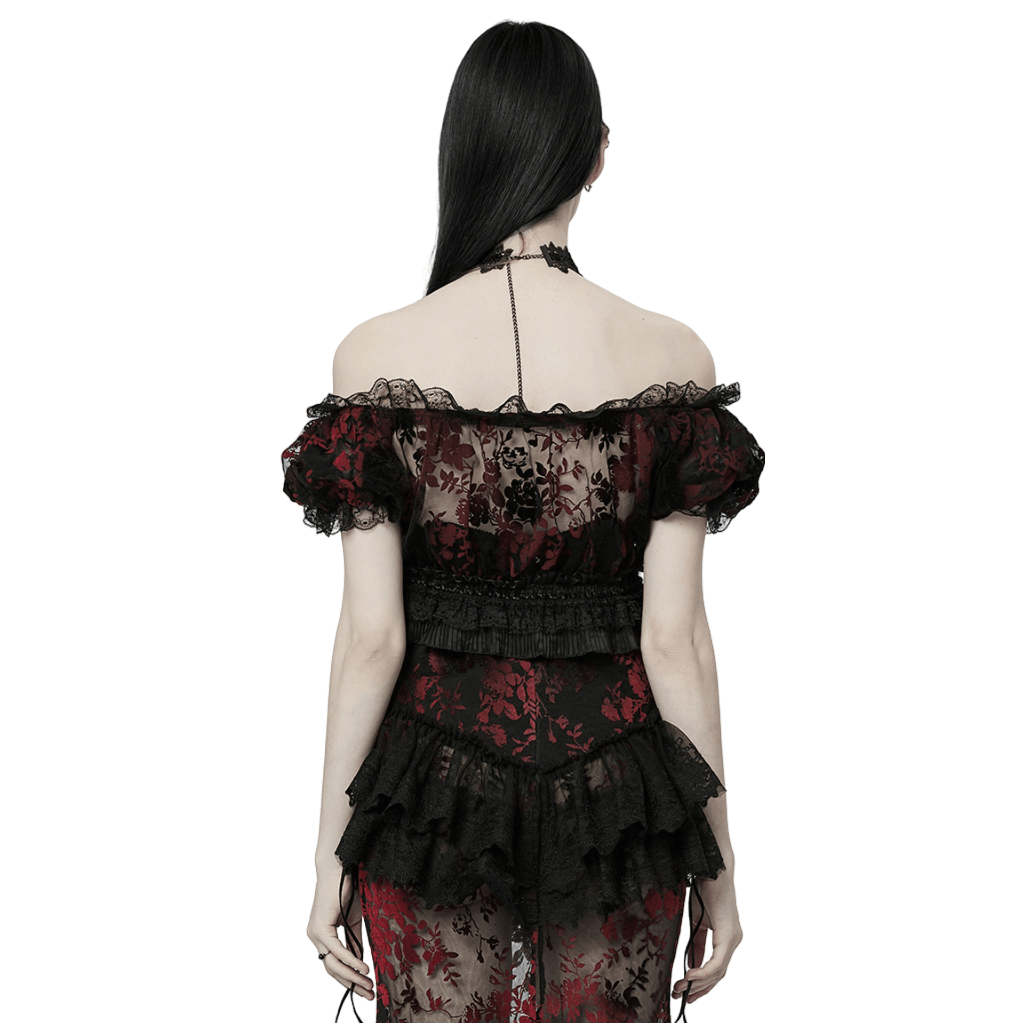 Back view of Elegant Floral Gothic Flock Mesh Crop Top with lace trim, showcasing bubble sleeves and alluring red floral design.