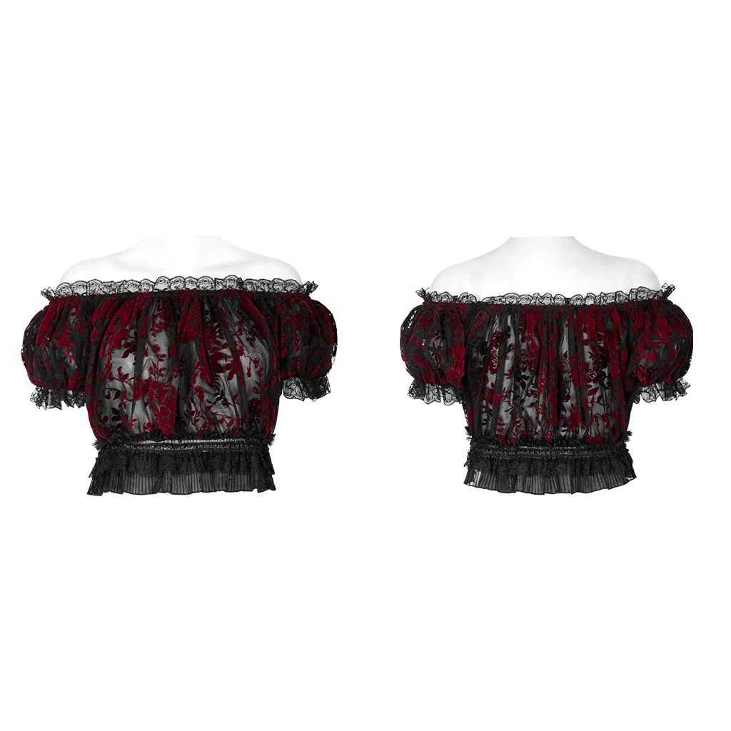Elegant floral gothic mesh crop top with lace trim and bubble sleeves, featuring a romantic red floral design.