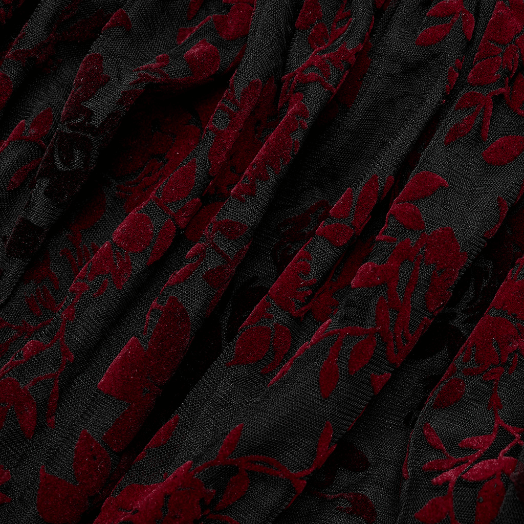 Elegant black mesh fabric adorned with red floral flocking, perfect for gothic floral fashion.