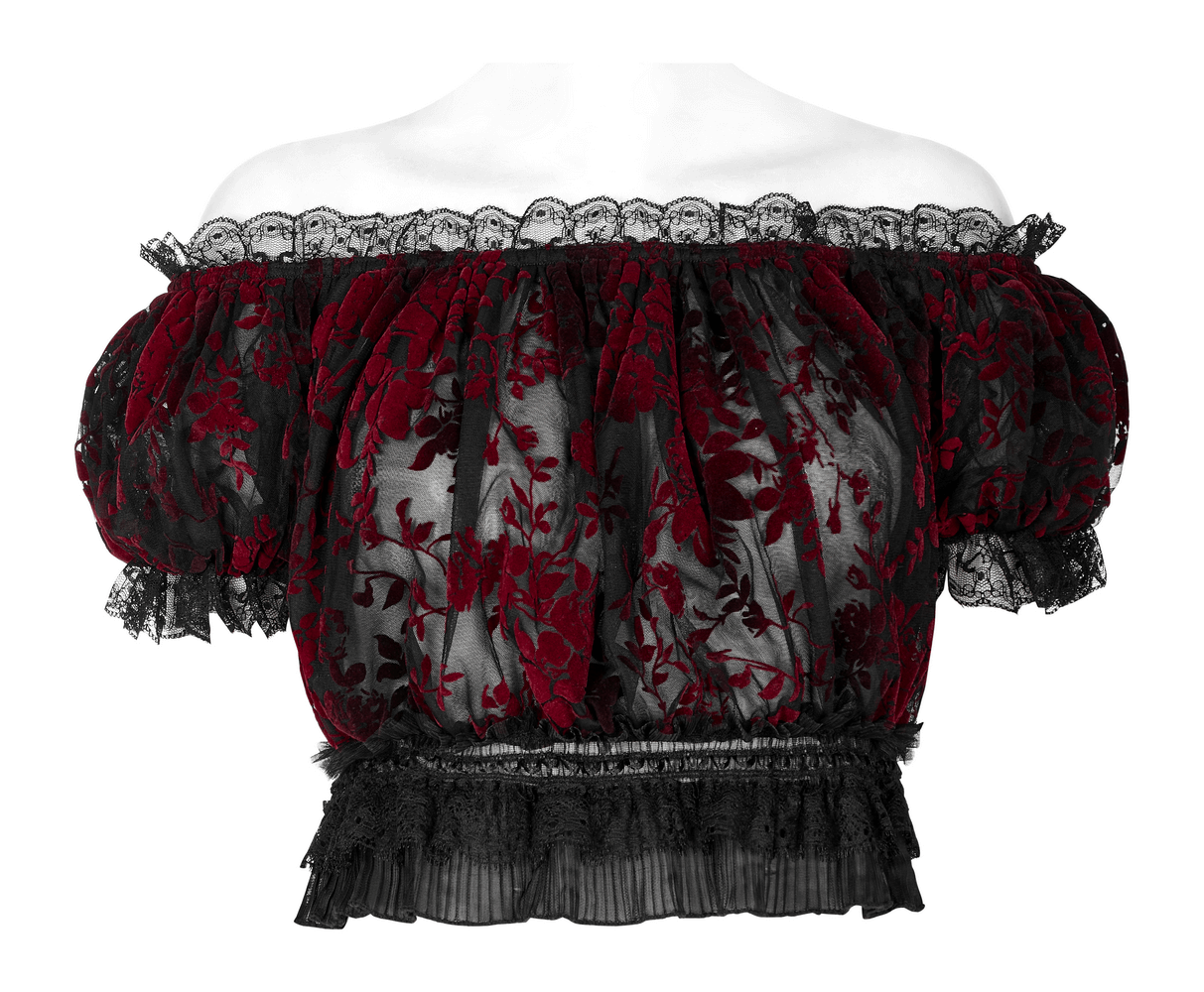 Elegant floral gothic crop top with lace trim and bubble sleeves in red and black.