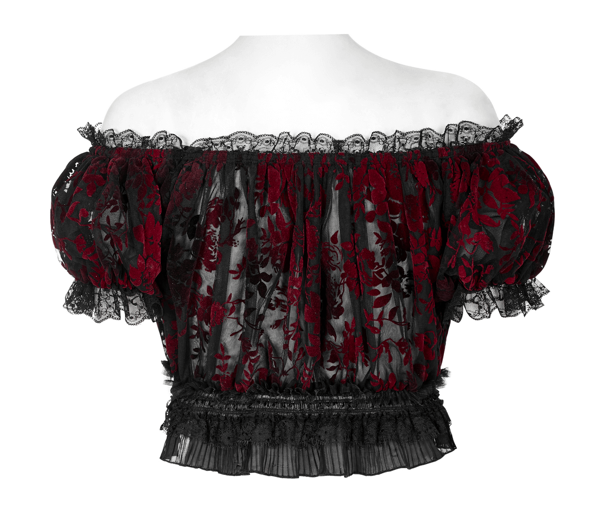 Elegant floral gothic crop top in mesh with lace trim and bubble sleeves, showcasing a lush red pattern.