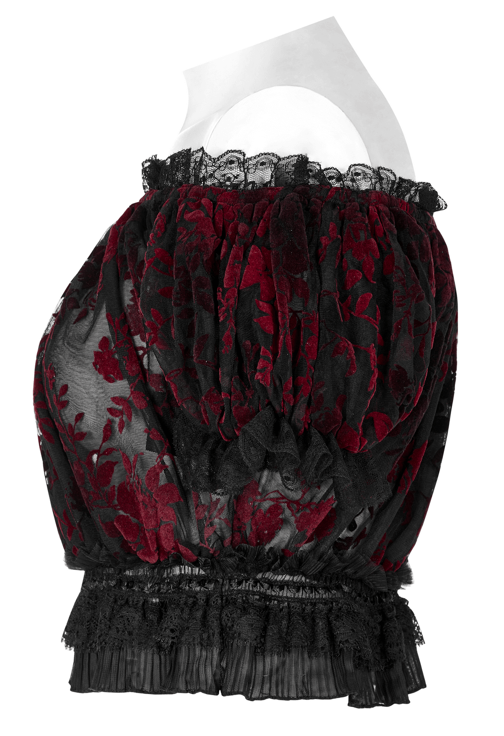 Elegant floral gothic crop top with lace trim and bubble sleeves in red and black, perfect for a romantic style.