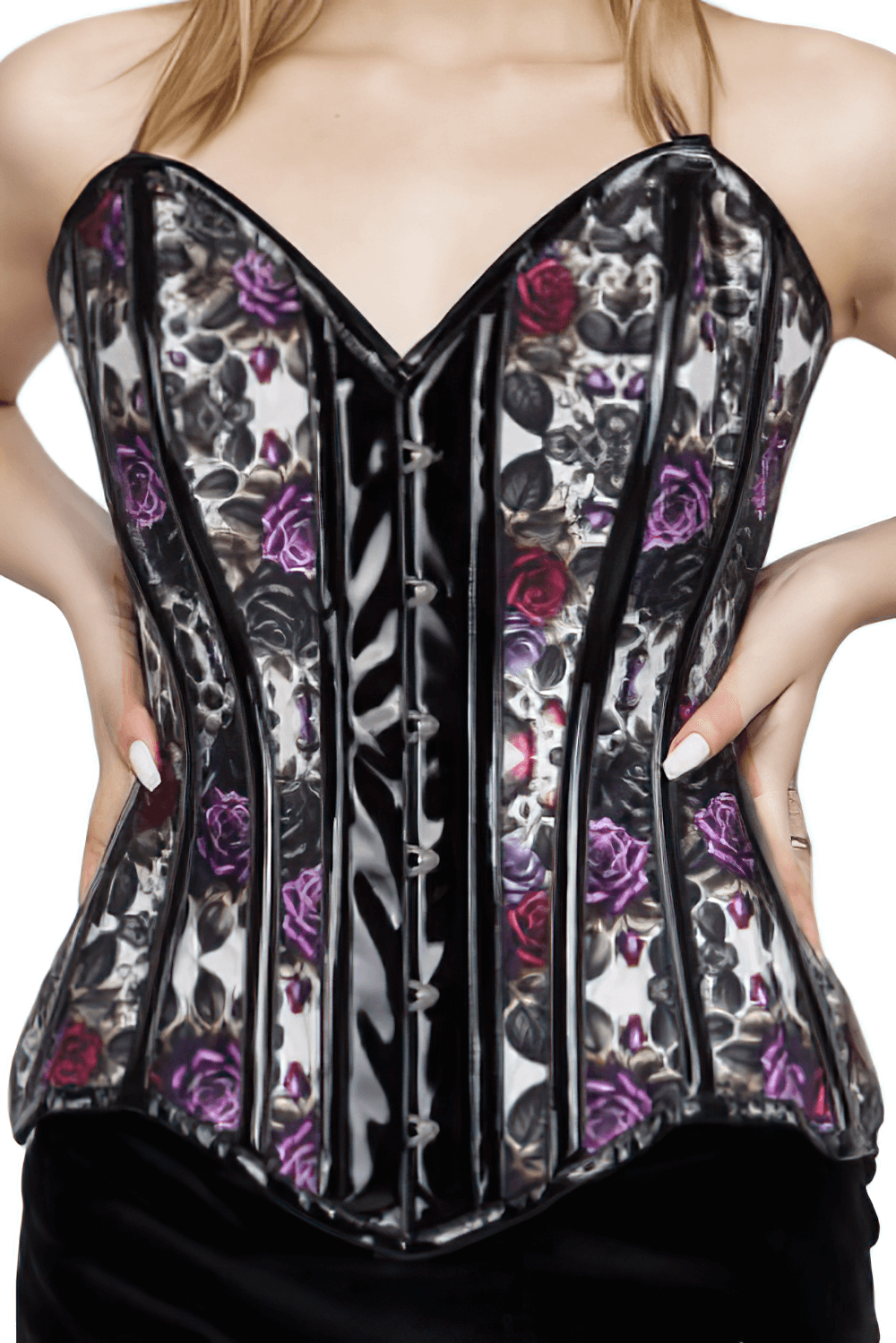 Elegant floral print overbust corset with steel boning and lace-up back, perfect for gothic and alternative fashion.