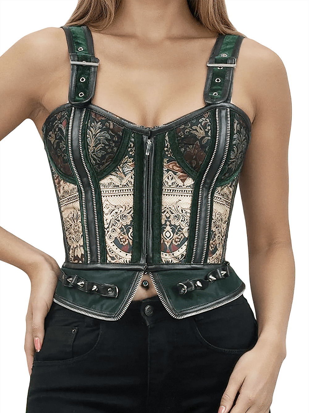 Elegant Floral Printed Overbust Corset with Zipper Details showcasing intricate floral patterns and edgy zipper accents.