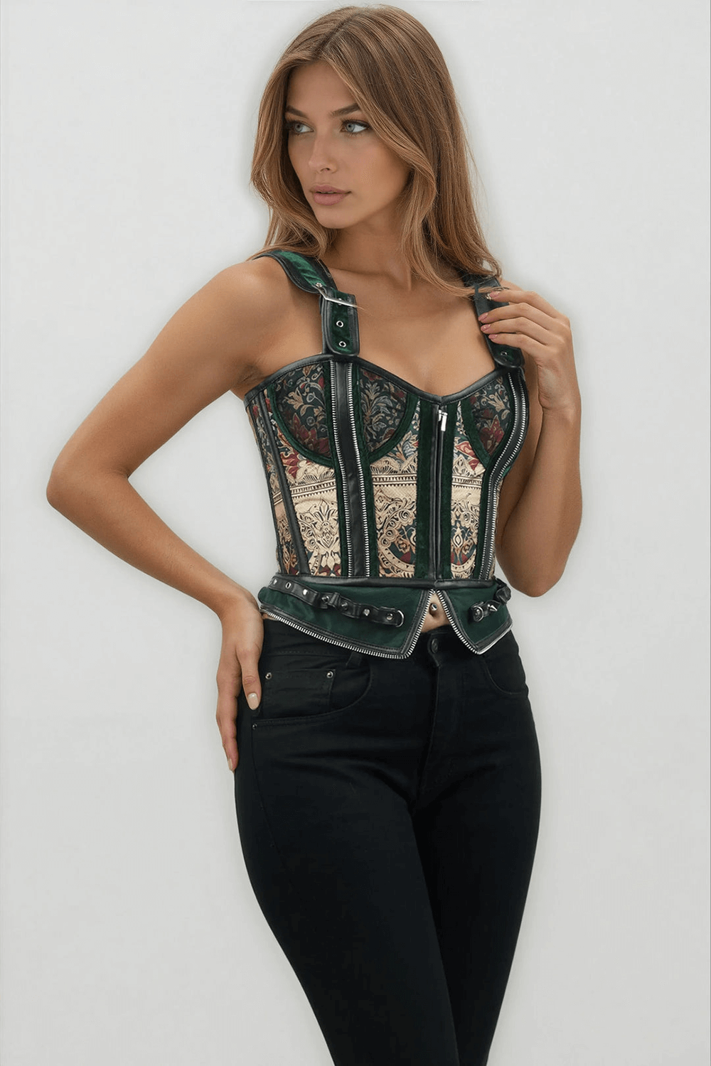 Elegant Floral Printed Overbust Corset with Zipper Details in green and gold on model.