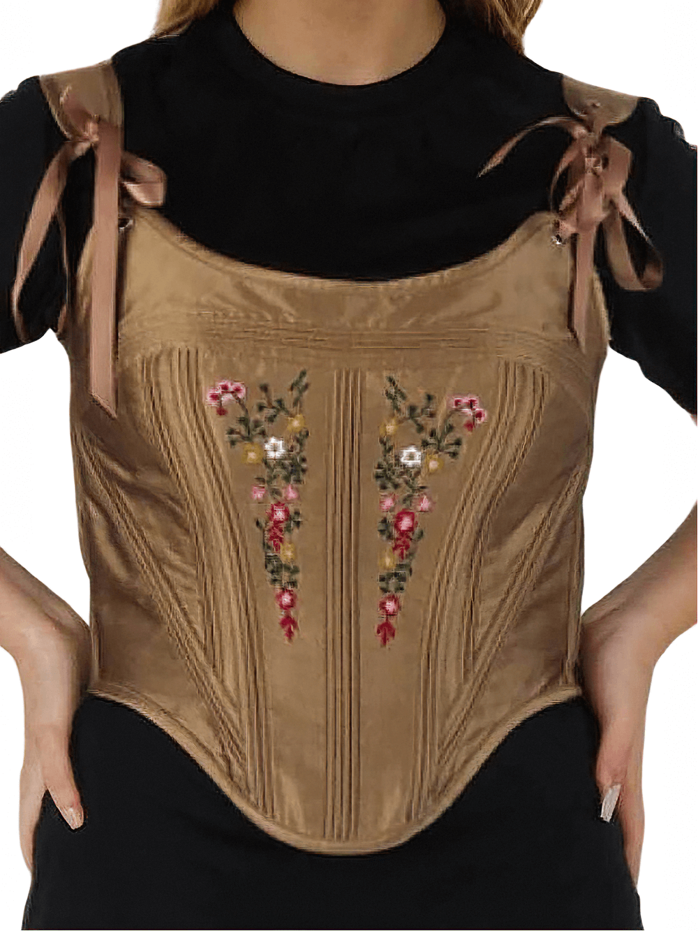 Elegant floral embroidered taffeta corset with side zip and adjustable ties for women.