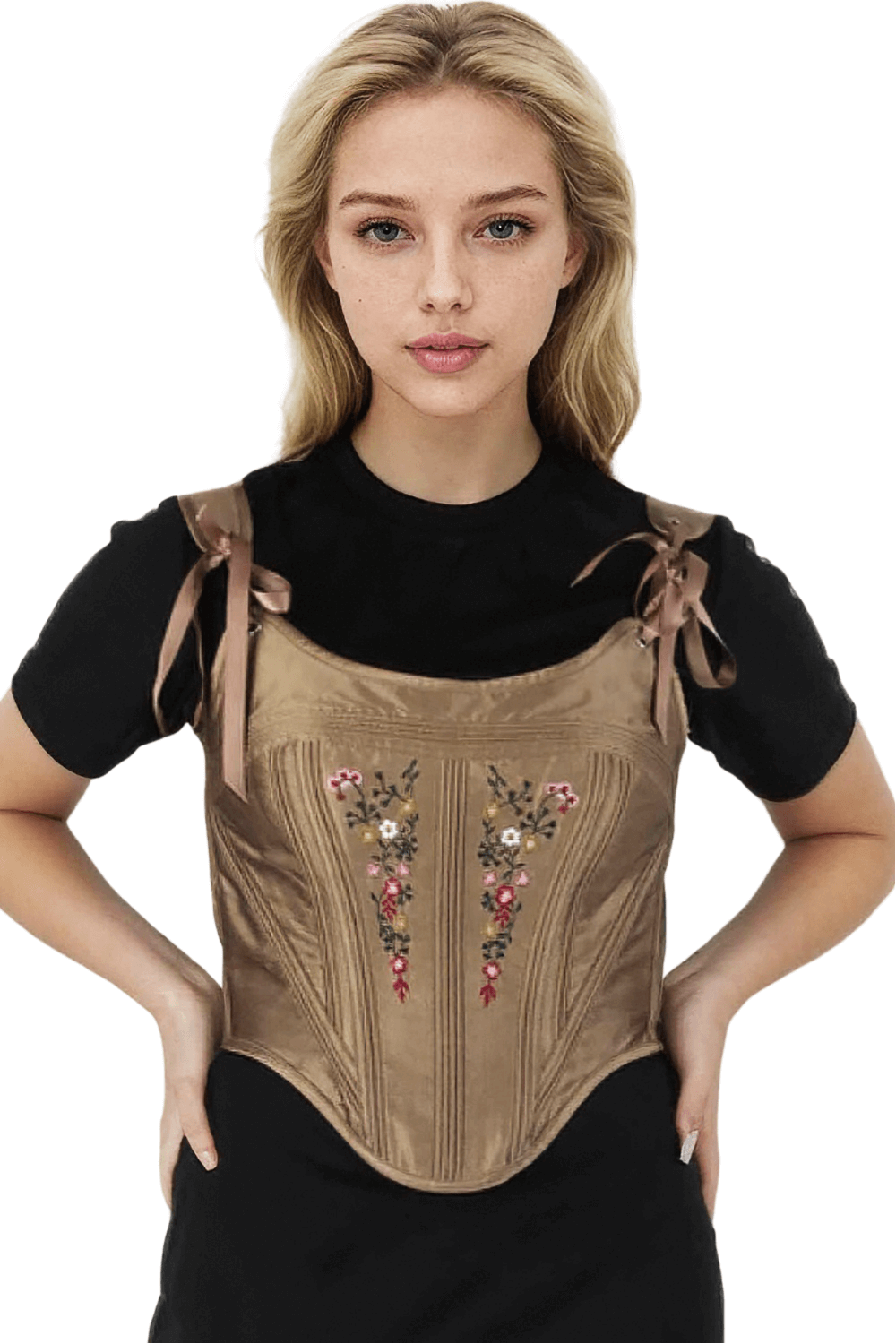 Elegant floral embroidered taffeta corset for women with side zip and adjustable ties.