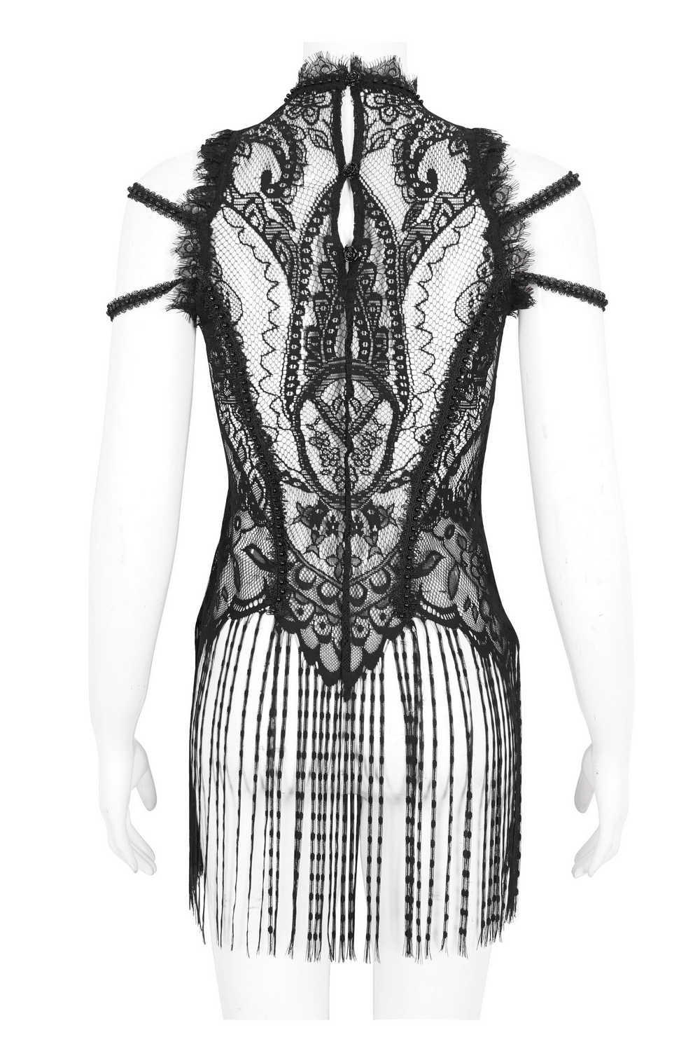 Elegant black lace sleeveless top with fringe detailing, perfect for evening wear.