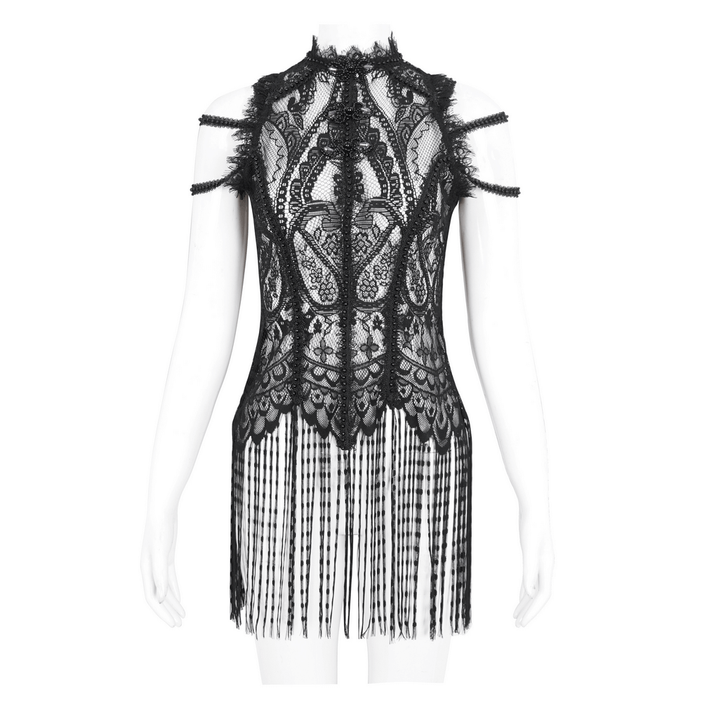 Elegant black lace fringe top for evening wear, featuring intricate detailing and stylish design for a sophisticated look.