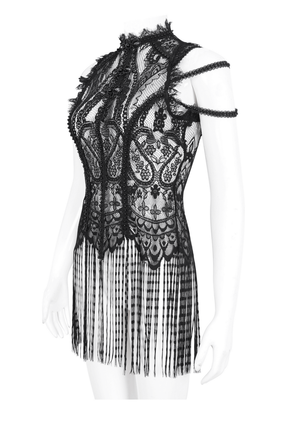 Elegant sleeveless black lace top with fringe detail, perfect for sophisticated evening wear.