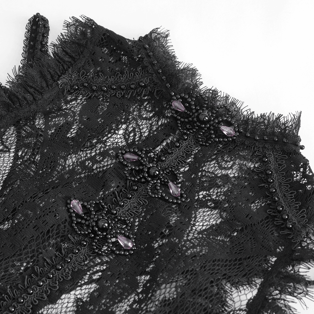 Elegant black lace top with intricate fringe and jewel detailing, perfect for evening wear.