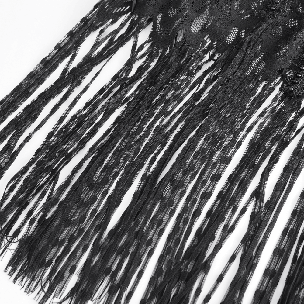 Elegant black lace fringe detail top for women, perfect for chic evening wear and stylish ensembles.