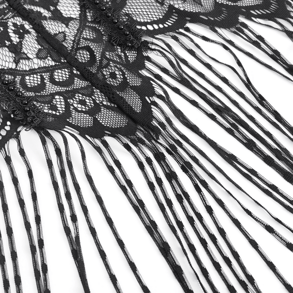 Elegant black lace top with intricate detailing and playful fringe for stylish evening wear.