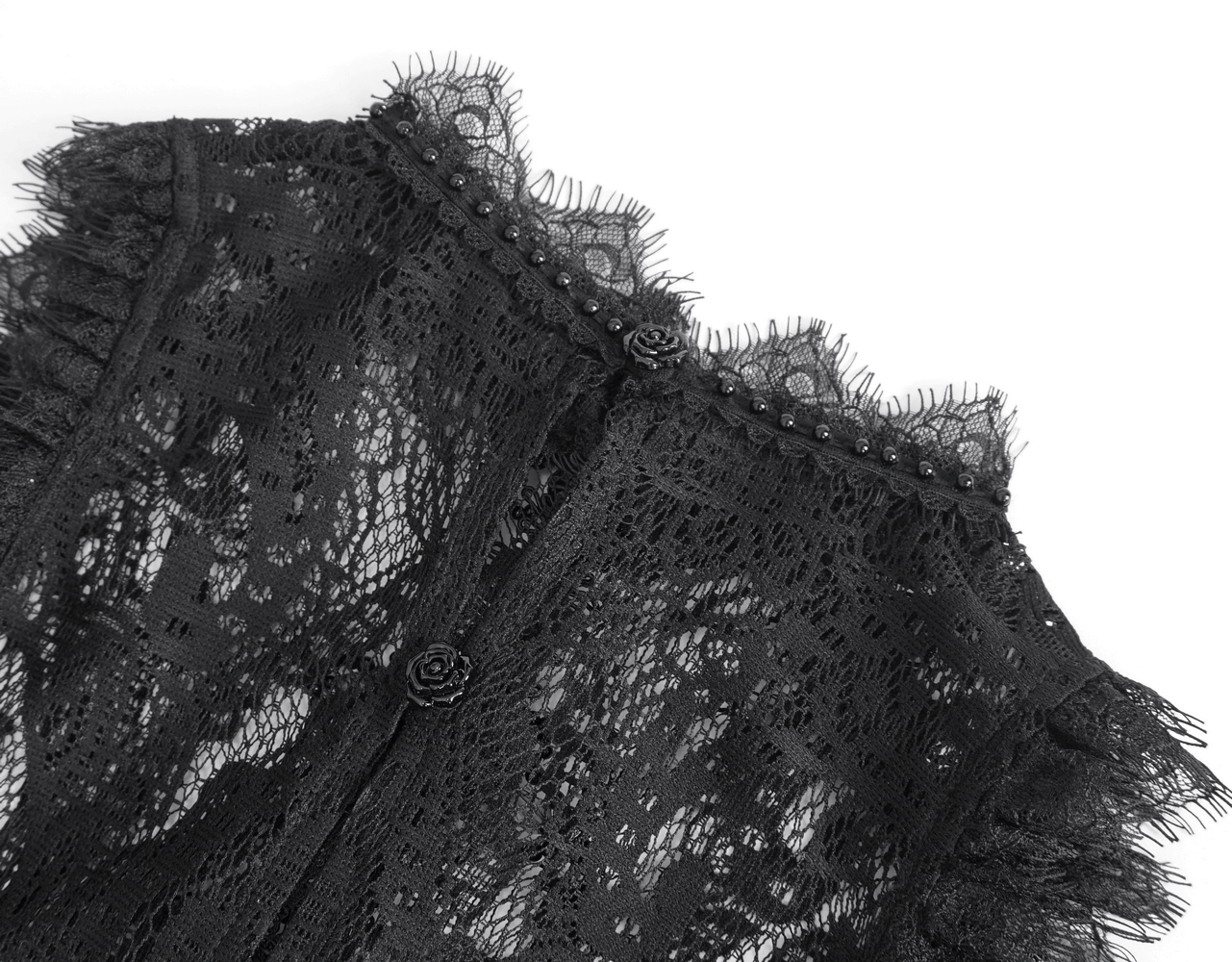 Elegant black lace top with fringe and intricate detailing, perfect for stylish evening wear.