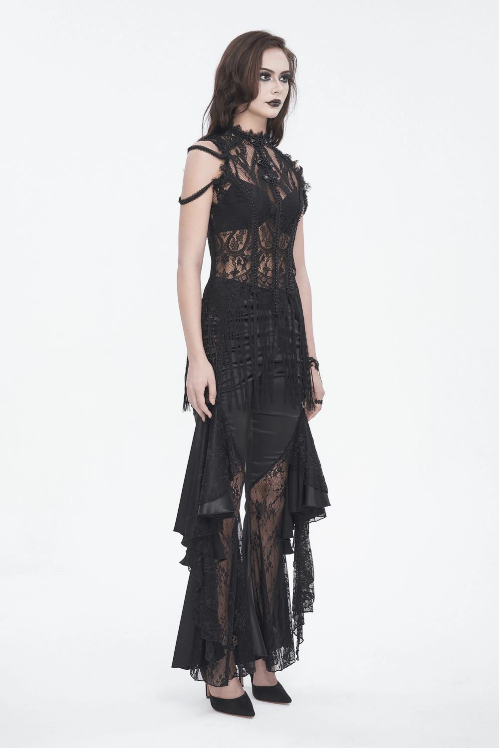 Elegant sleeveless black lace fringe top for women, perfect for evening wear with trendy design and chic silhouette.