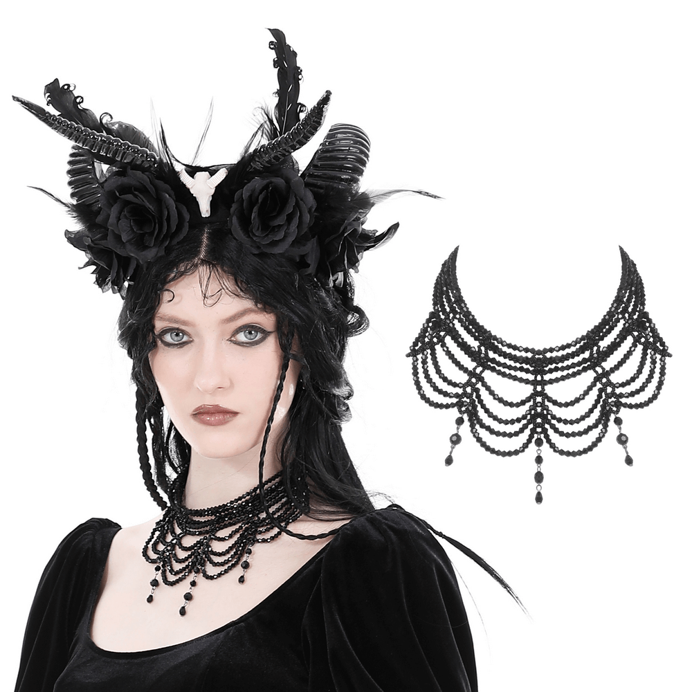 Elegant model showcasing a black beaded necklace and unique horned headpiece, perfect for gothic or evening wear.