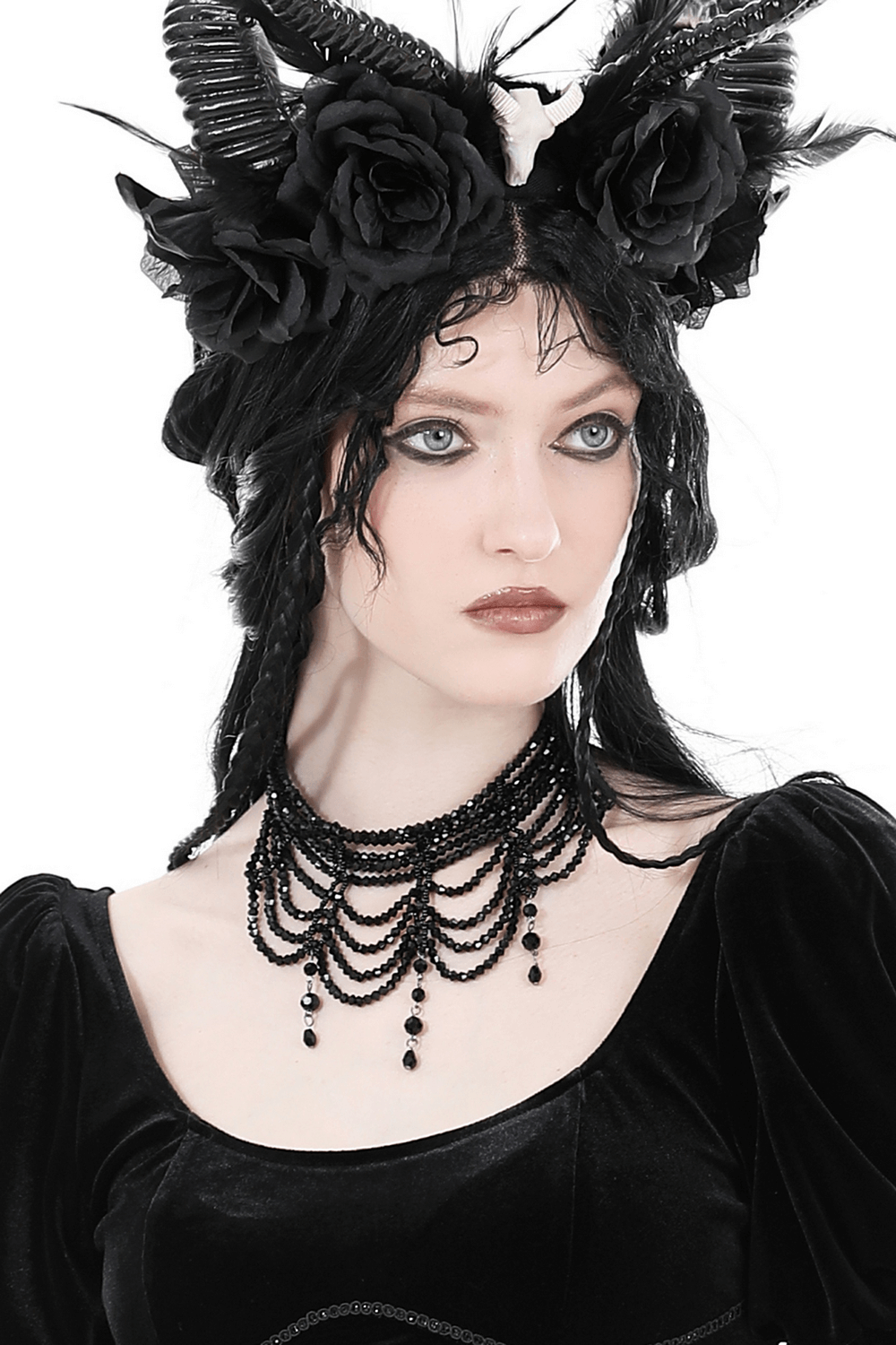 Elegant black glass beaded choker necklace enhancing gothic fashion statement for evening wear.