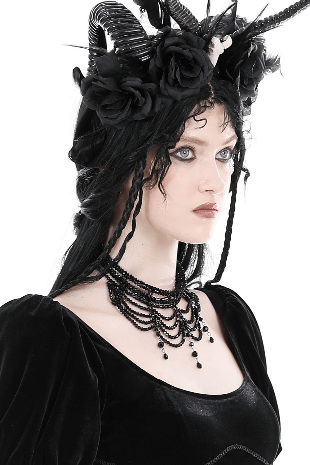Elegant black beaded necklace on model, featuring intricate beadwork, perfect for glamorous evening attire.