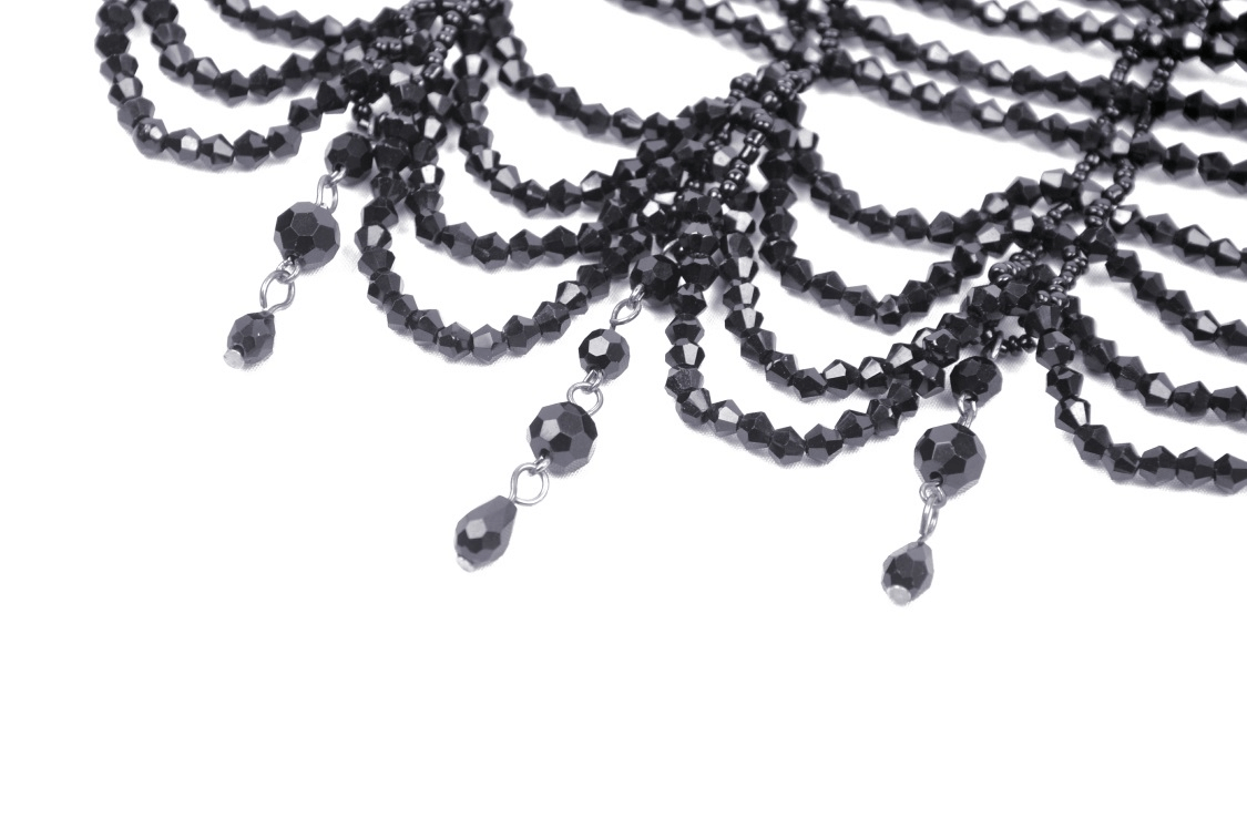 Elegant black glass beaded necklace with cascading strands, perfect for evening glam and stylish night outings.