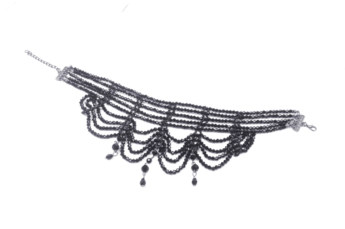 Elegant black glass beaded choker necklace with intricate beadwork, perfect for evening glamour.