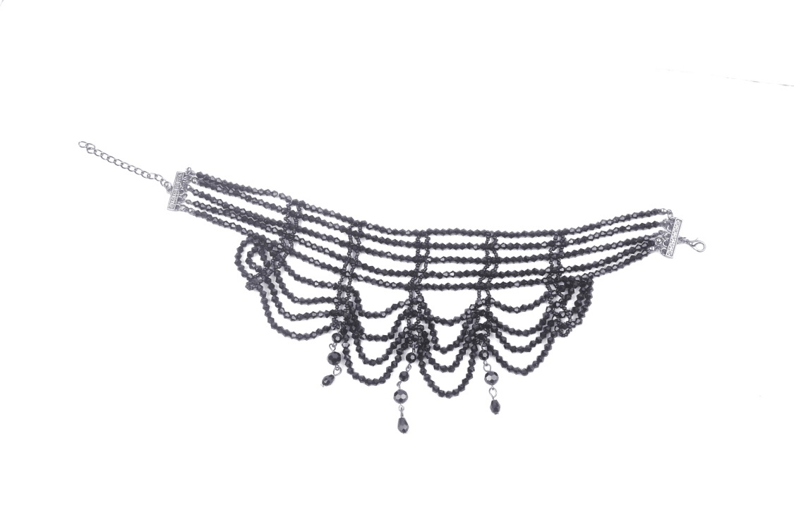 Elegant black beaded choker necklace with cascading beads, perfect for evening glam and stylish night outs.