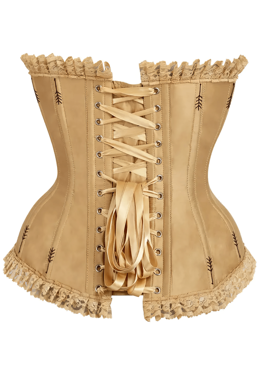 Elegant Golden Gothic Overbust Corset with Wheat Details showcasing arrow embroidery and ruffled trim in warm gold tones.