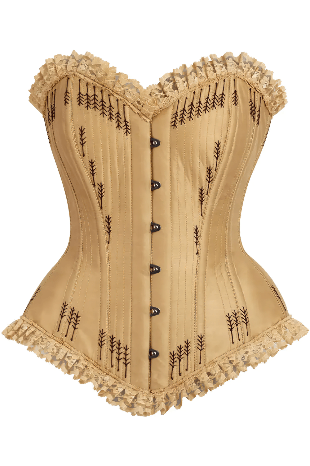 Elegant Golden Gothic Overbust Corset with Wheat Details featuring arrow embroidery and ruffled fringe trim.