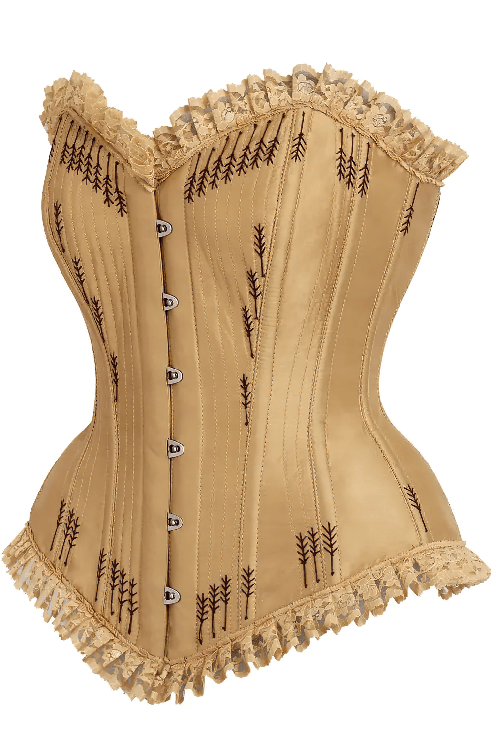 Elegant Golden Gothic Overbust Corset with Wheat Details featuring arrow embroidery and ruffled trim.