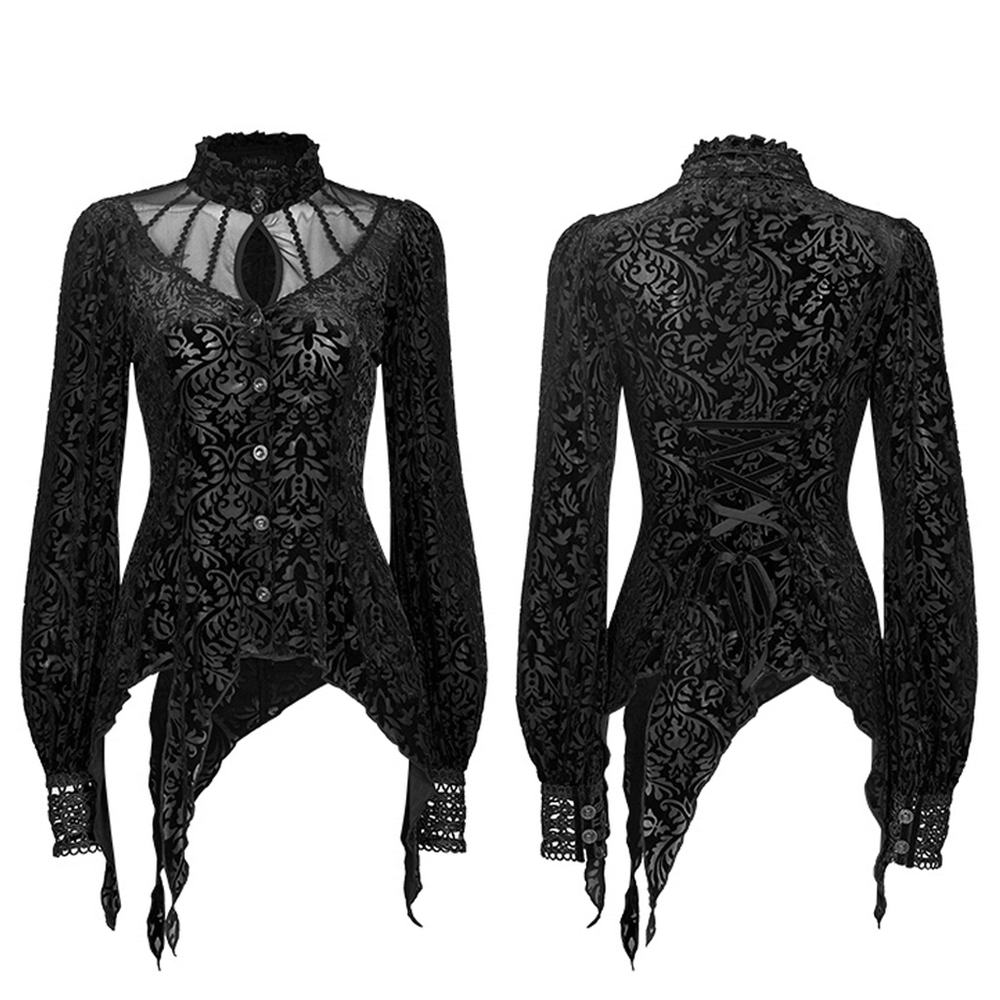 Elegant Goth Long Sleeves Shirt with Flocking Detail - HARD'N'HEAVY