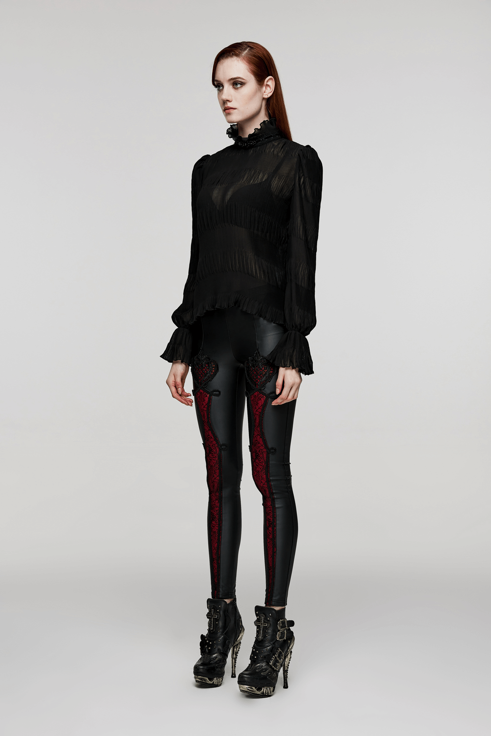 Elegant Goth lace-collared chiffon shirt paired with stylish black leggings and edgy boots for a chic look.