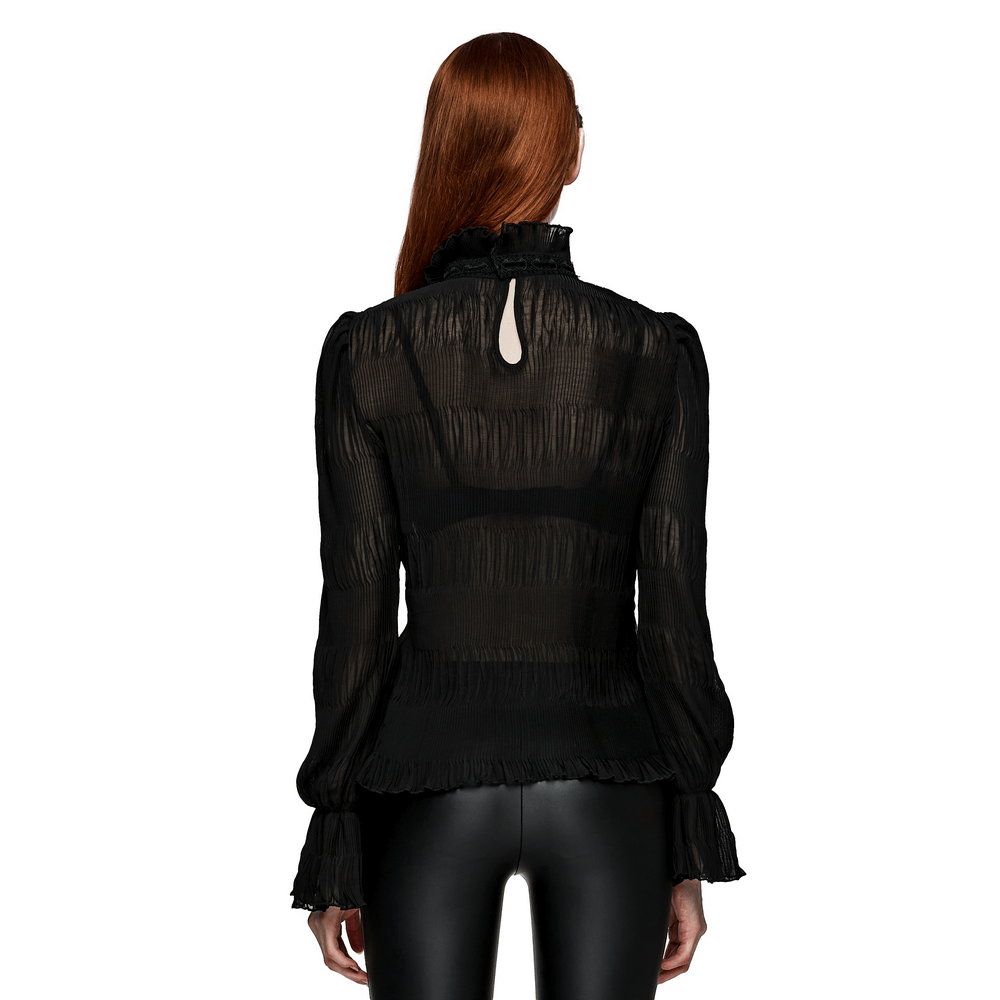 Back view of elegant goth textured chiffon shirt with lace collar and ruffled sleeves, perfect for modern gothic style.