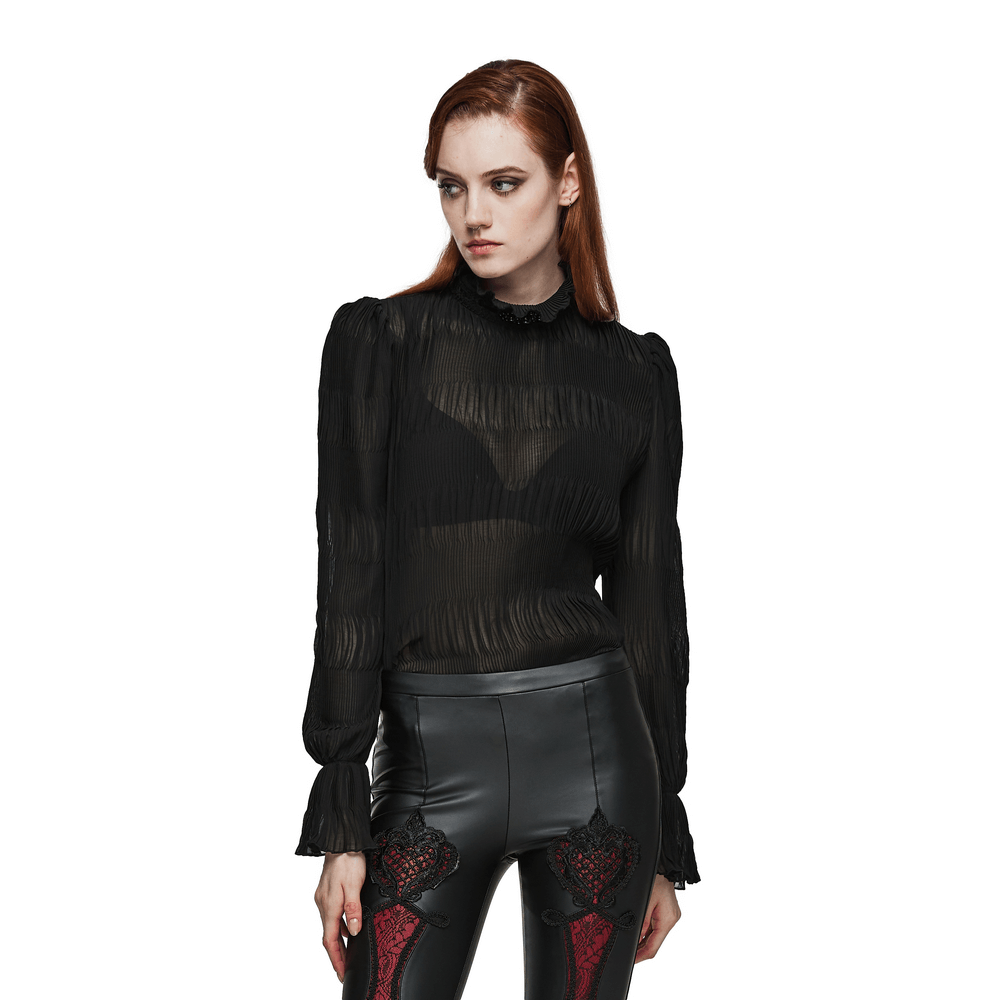 Elegant Goth textured chiffon shirt with lace collar, stylishly worn with black pants, perfect for a modern gothic look.