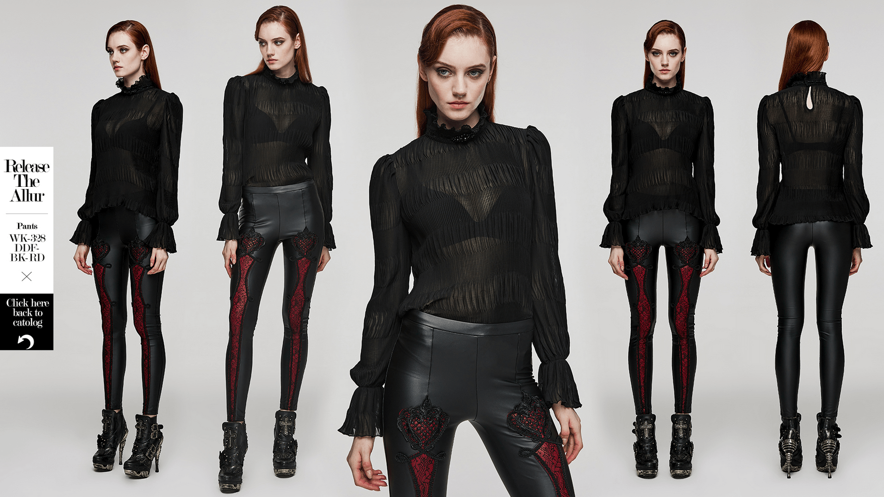 Elegant Goth textured chiffon shirt with lace collar, showcasing a chic gothic style with crimped fabric and ruffled details.