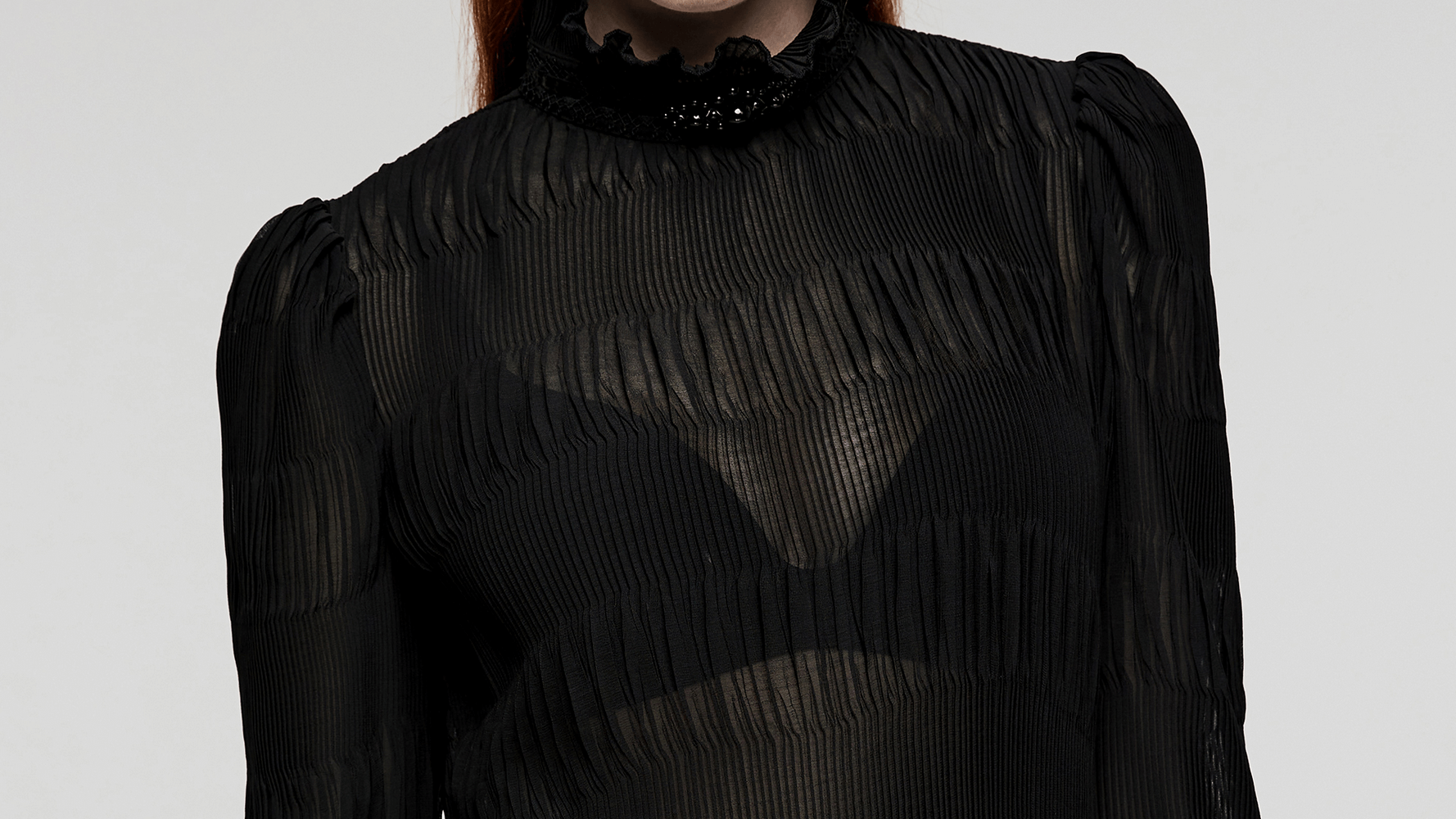 Elegant Goth chiffon shirt with lace collar and crimped texture, perfect for modern gothic style.