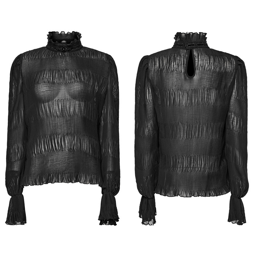 Elegant goth chiffon shirt with lace collar, featuring crimped texture and ruffled sleeves, black gothic fashion.