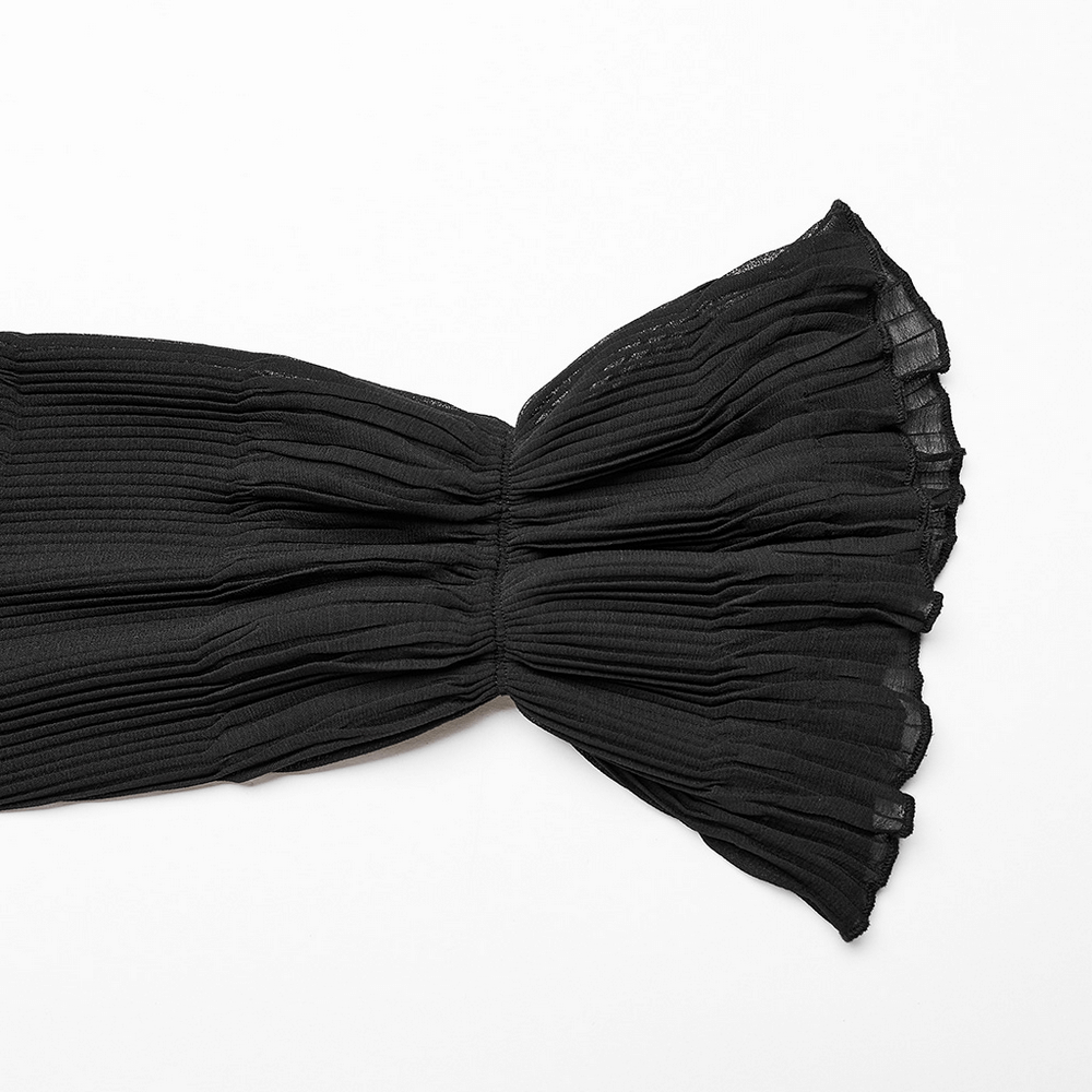 Close-up of the crimped chiffon fabric and ruffled detail of an Elegant Goth Shirt.