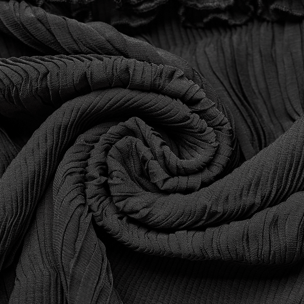 Textured crimped chiffon fabric in rich black, showcasing elegant folds perfect for a chic goth shirt.