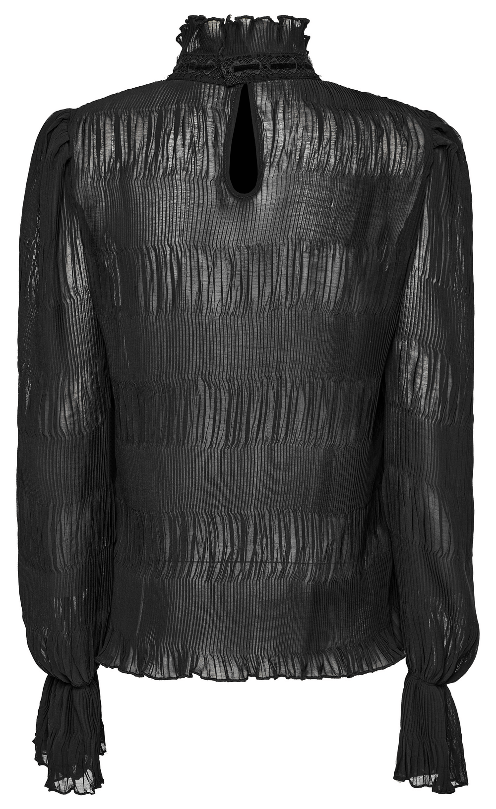 Elegant goth textured chiffon shirt with lace collar, crimped fabric and ruffle details, perfect for dark fashion lovers.