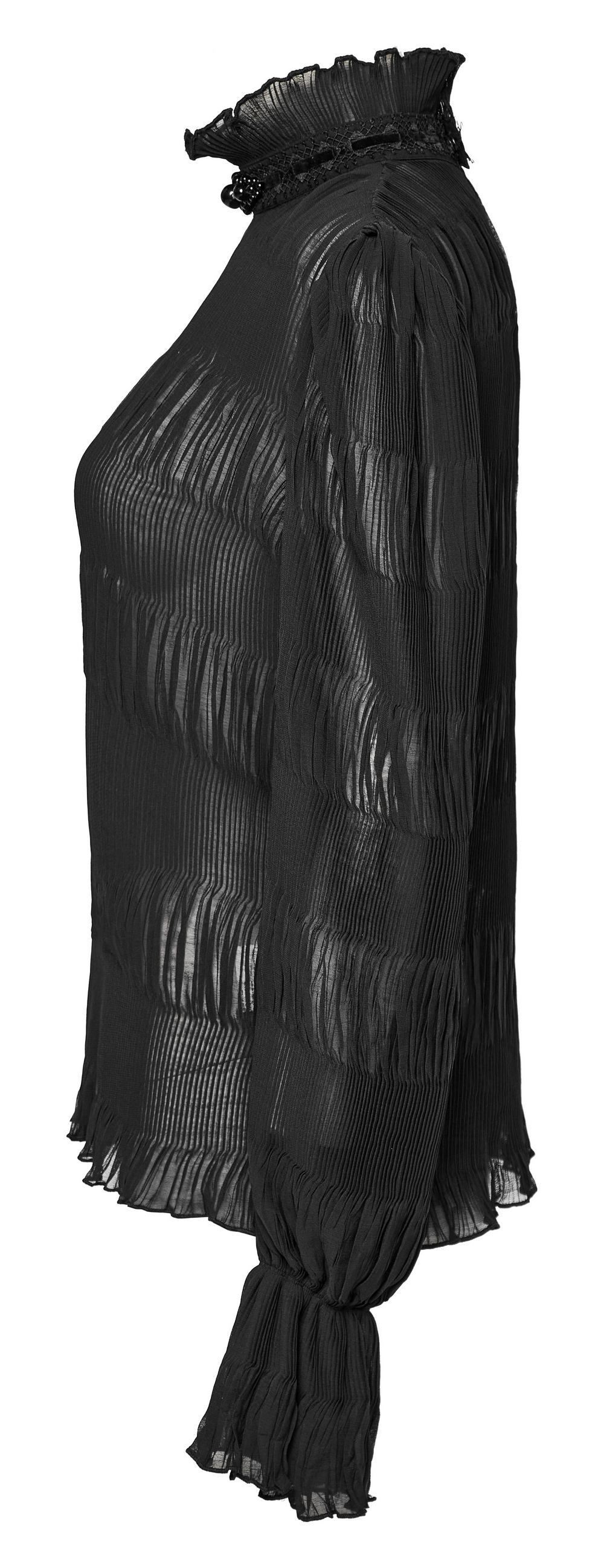 Elegant Goth textured chiffon shirt with lace collar and ruffled sleeves, showcasing a sophisticated look.