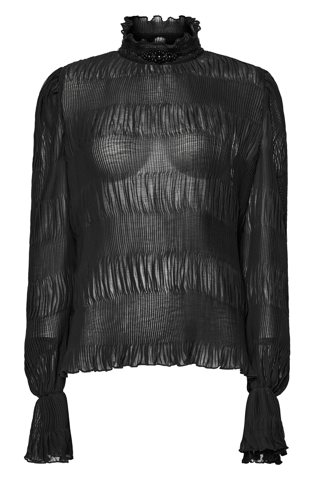 Elegant black chiffon goth shirt with lace collar and ruffled cuffs, perfect for modern gothic fashion.