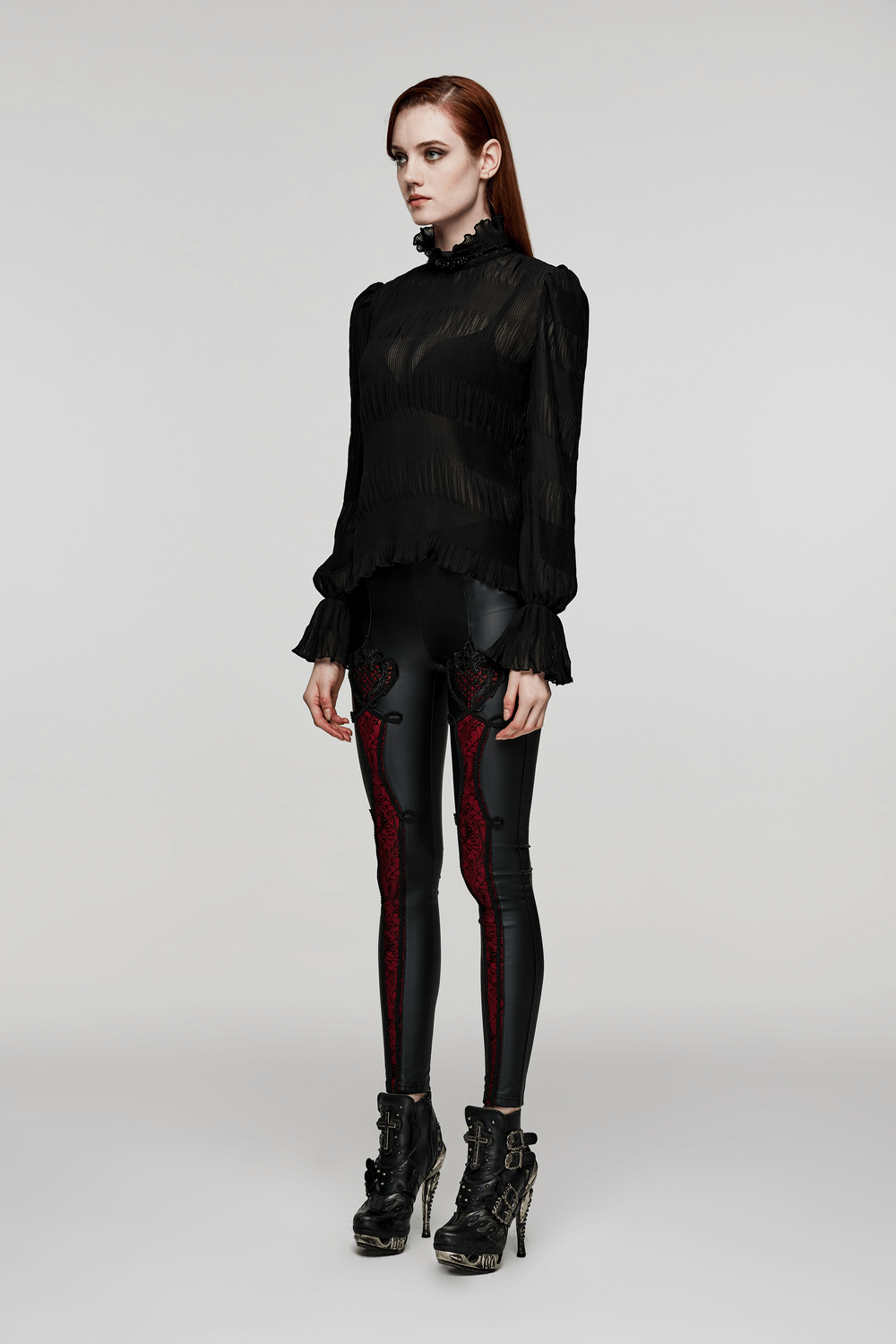 Elegant Goth Textured Chiffon Shirt with Lace Collar - HARD'N'HEAVY