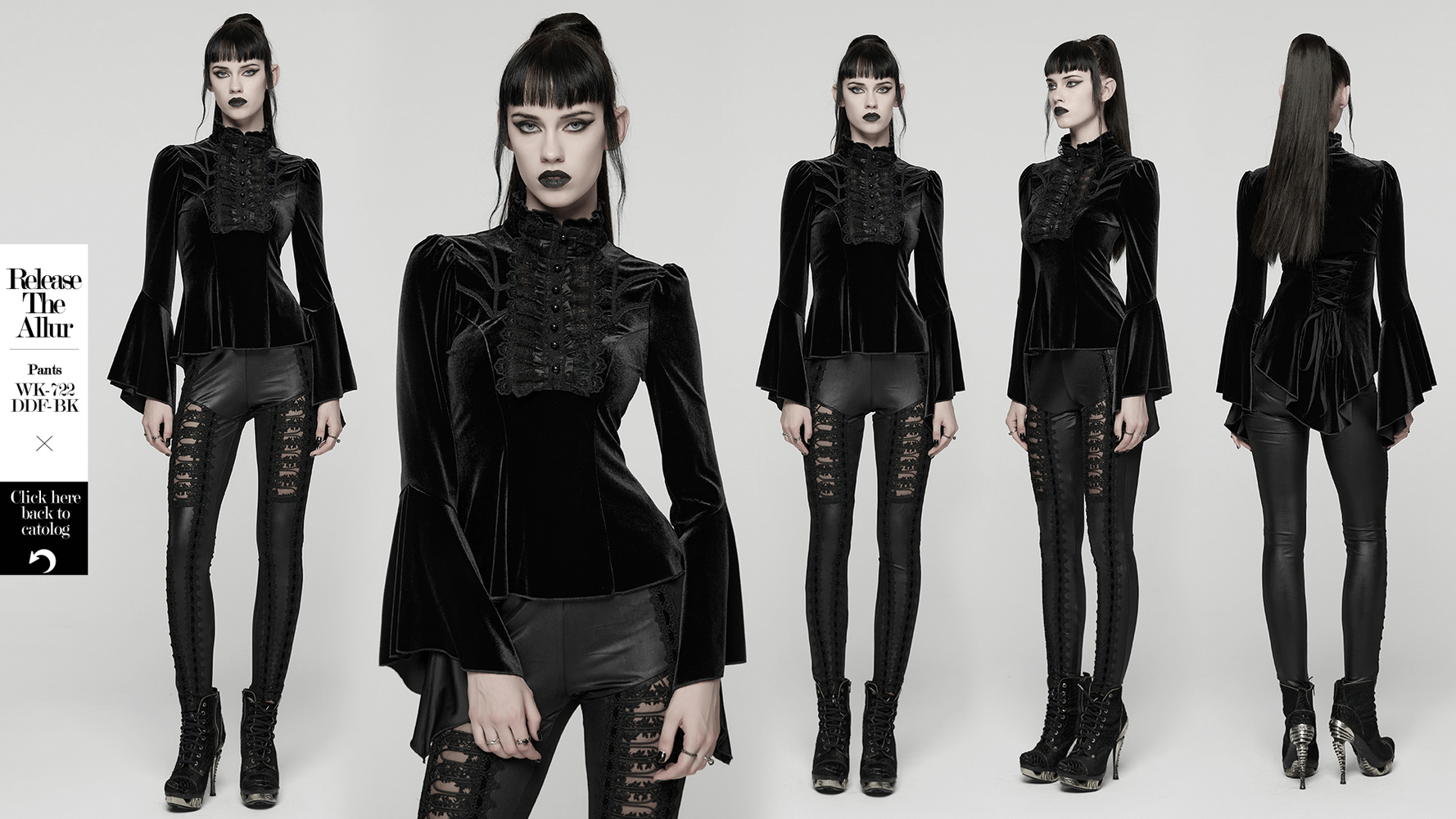 Elegant Goth Top with Ruffled Lace and Pearl Buttons shown in various angles on a model, highlighting its elegant design.