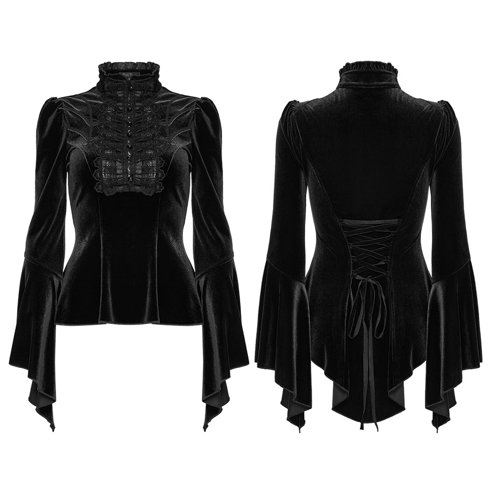 Elegant Goth Top with Ruffled Lace and Pearl Buttons in black velvet, featuring ruffled sleeves and lace-up back.